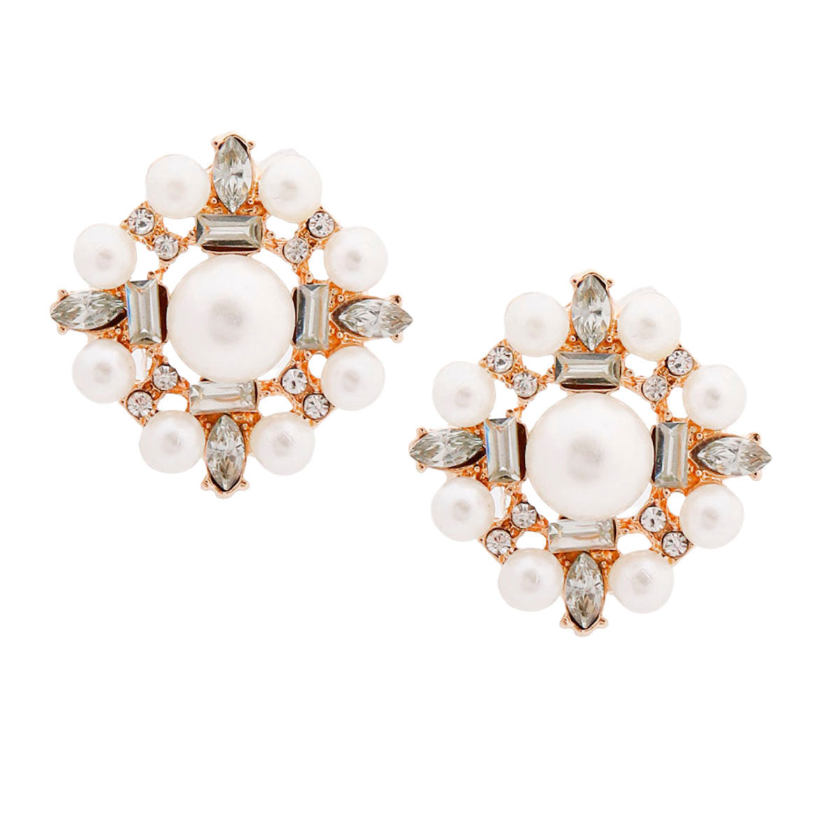 Pearl Baguette Stud Earrings Gold Elegant Chic Jewelry
