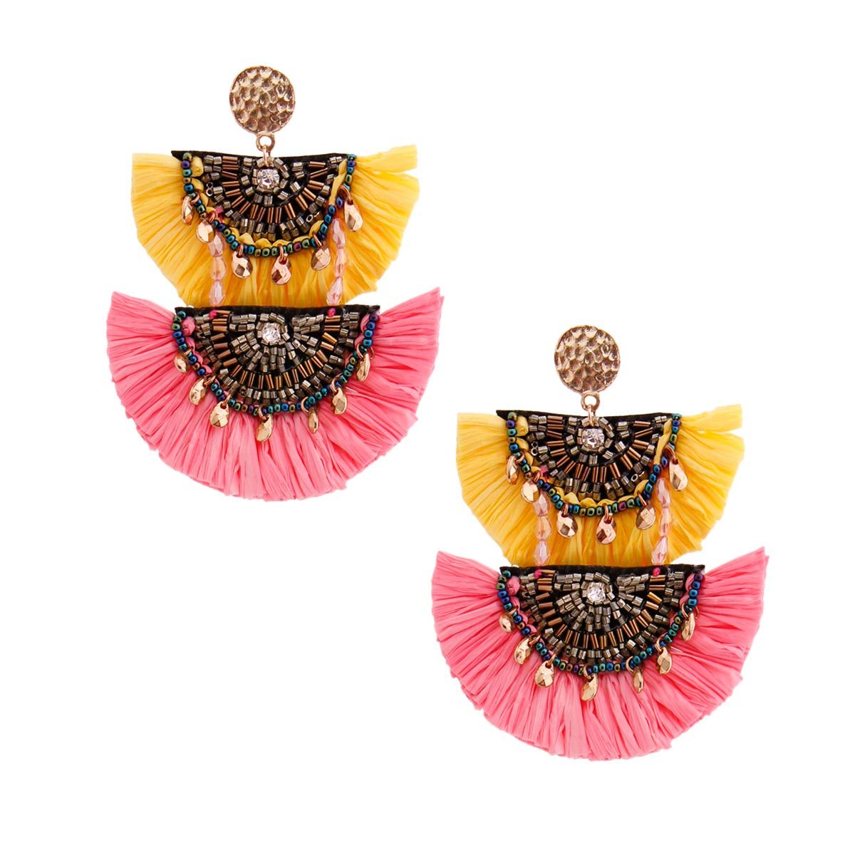Statement Raffia Tassel Earrings in Yellow and Pink, Trendy Fashion Jewelry