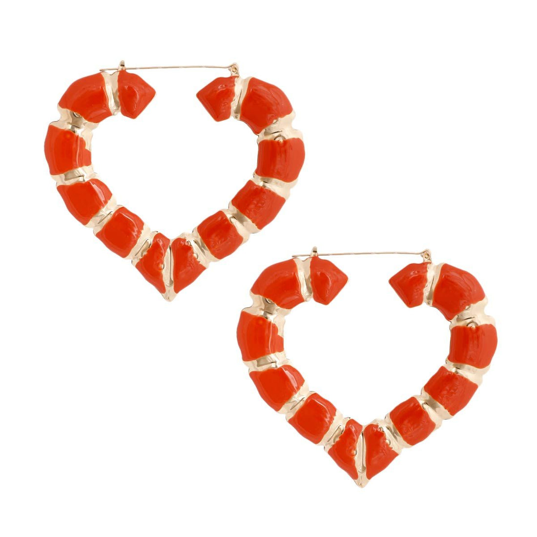 Statement Bamboo Hoop Earrings with Orange Heart Accent