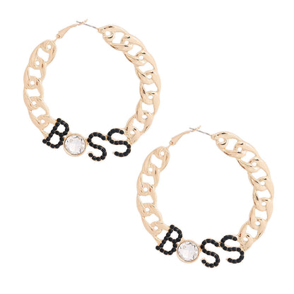 Statement Gold Boss Chain Hoop Earrings Stylish Chic Jewelry Accessory