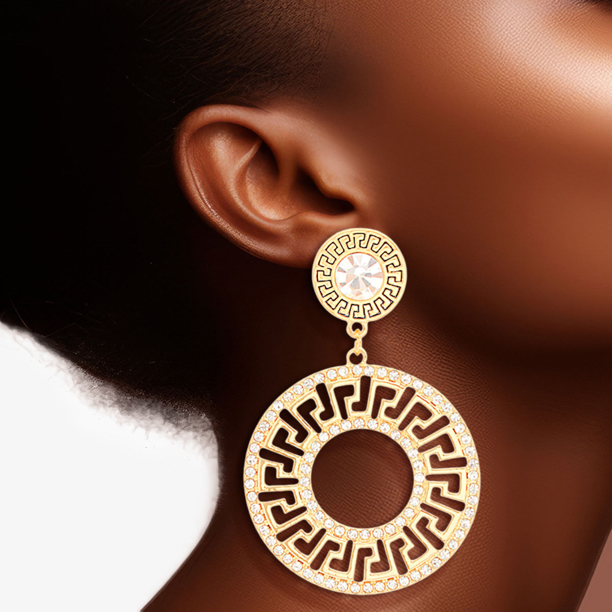 Statement Gold Rhinestone Round Greek Key Earrings Stylish Chic Jewelry
