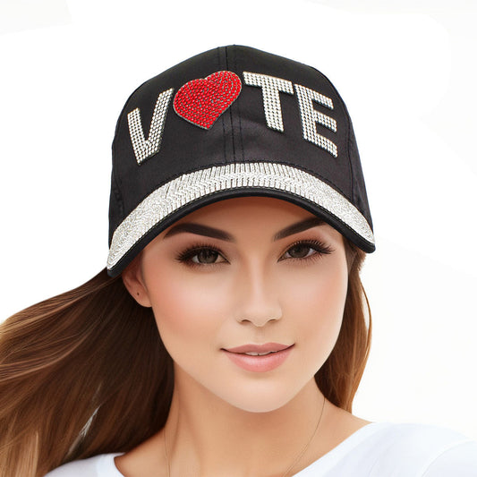 Women’s Black Satin Rhinestone VOTE Baseball Cap Stylish Casual Hat