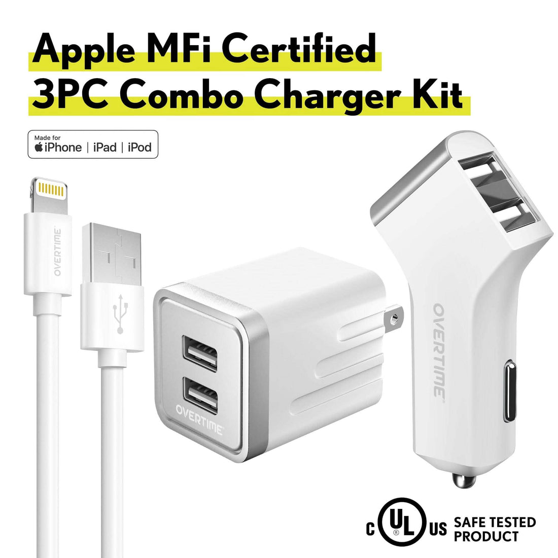 Overtime Home and Car Complete Charging Kit: Fast Wall &amp; Car Chargers + Durable Lightning Cable