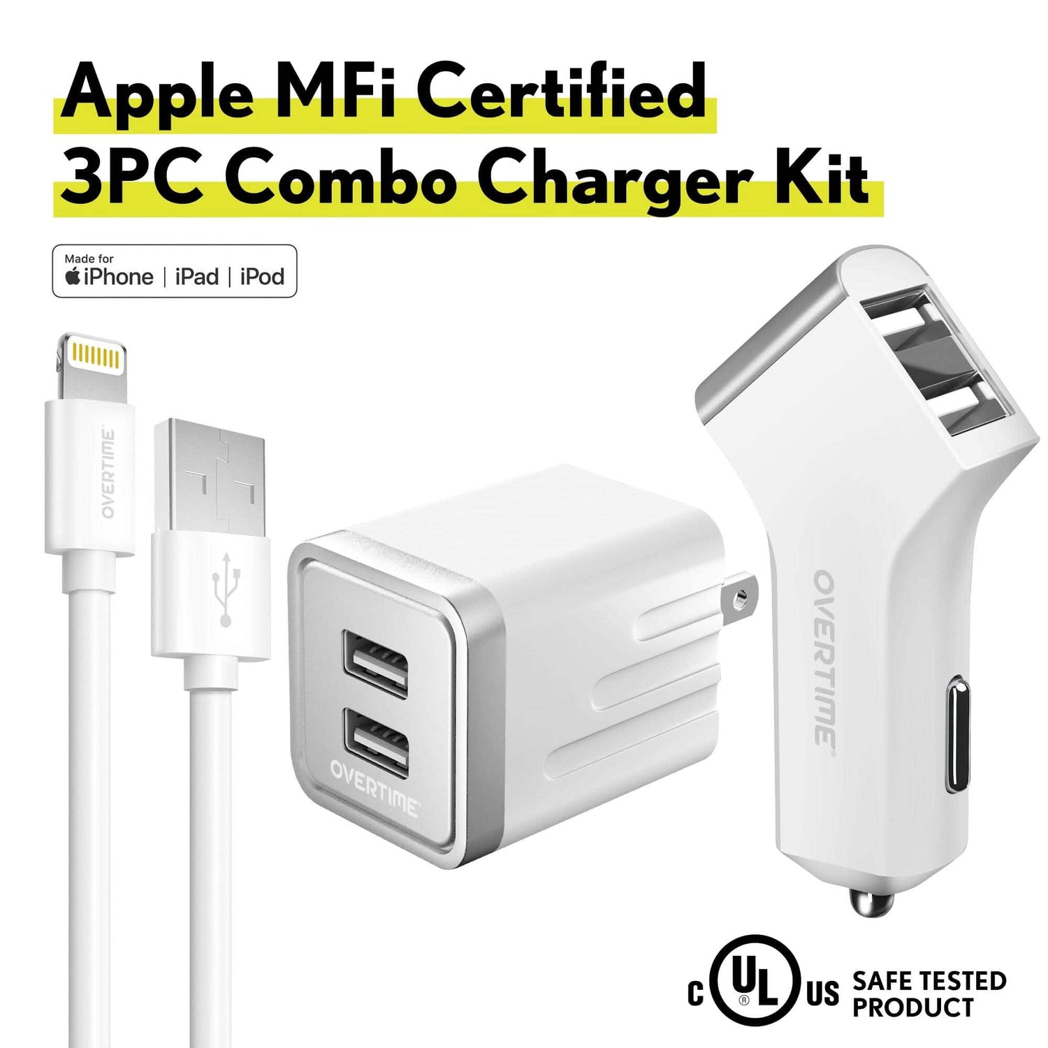 Overtime Home and Car Complete Charging Kit: Fast Wall &amp; Car Chargers + Durable Lightning Cable