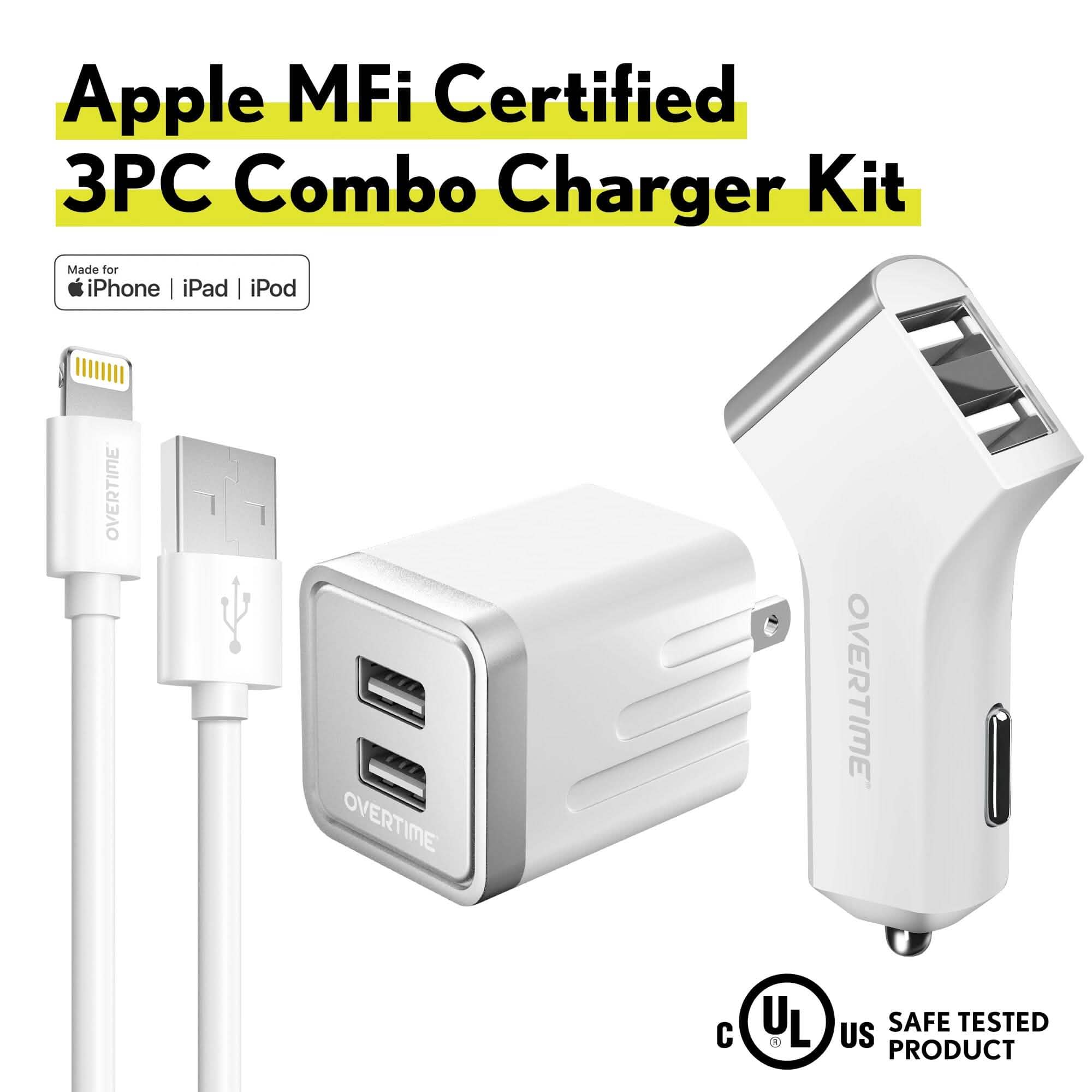 Overtime Home and Car Complete Charging Kit: Fast Wall &amp; Car Chargers + Durable Lightning Cable