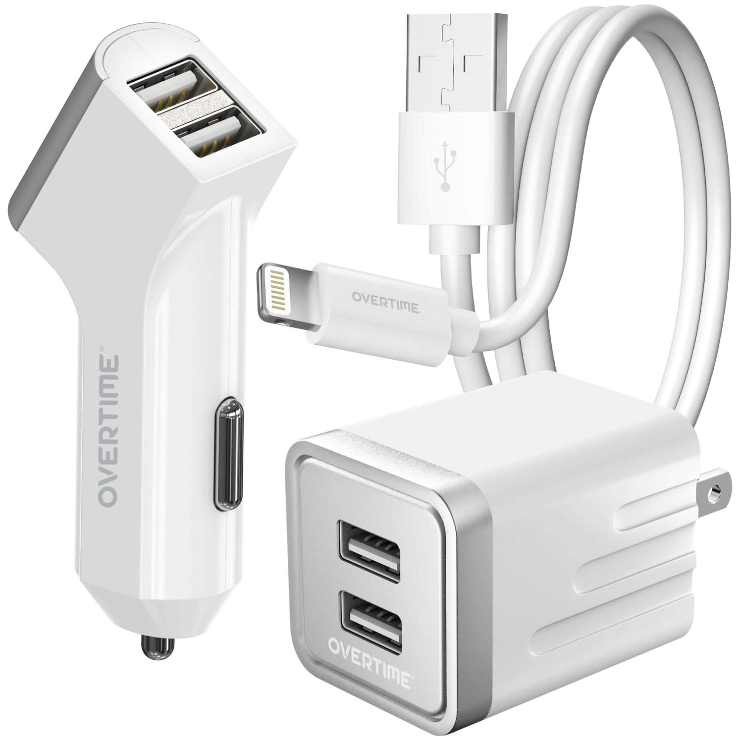 Overtime Home and Car Complete Charging Kit: Fast Wall &amp; Car Chargers + Durable Lightning Cable