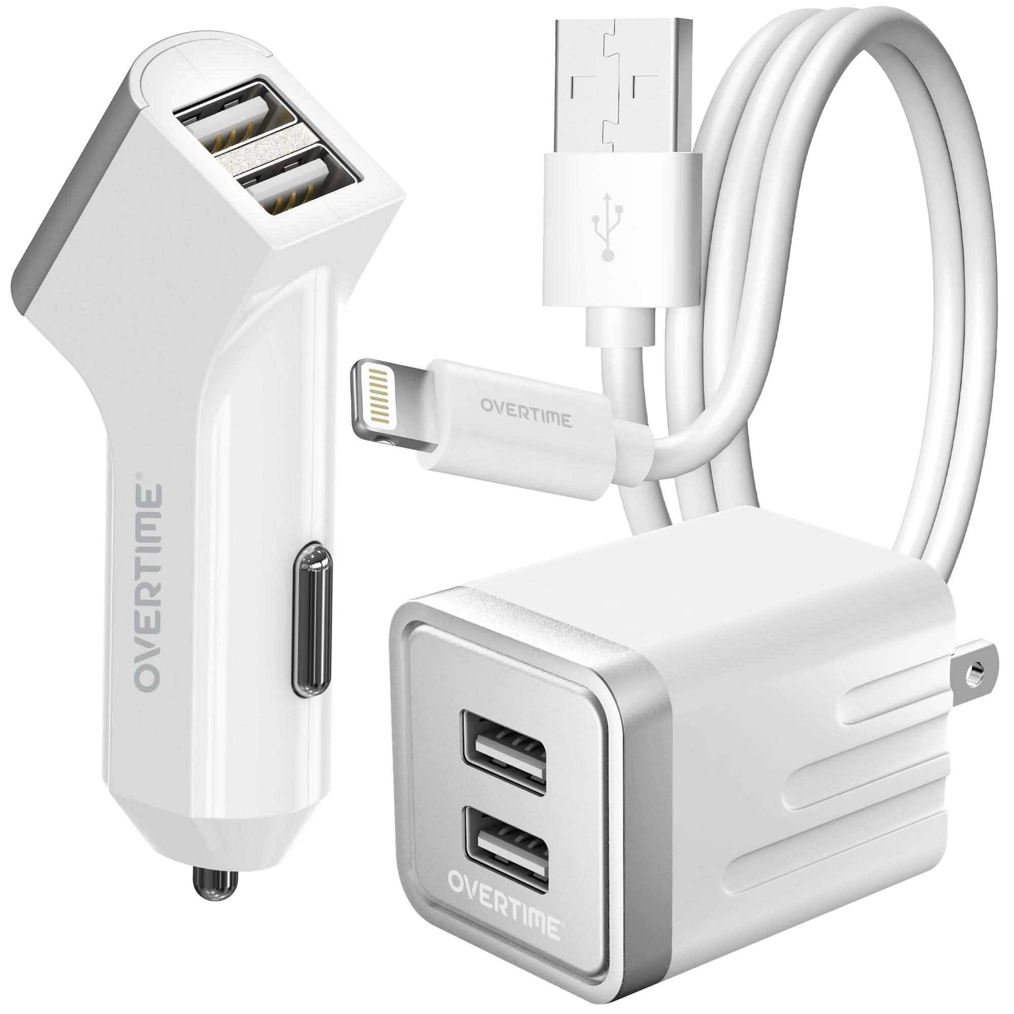 Overtime Home and Car Complete Charging Kit: Fast Wall &amp; Car Chargers + Durable Lightning Cable