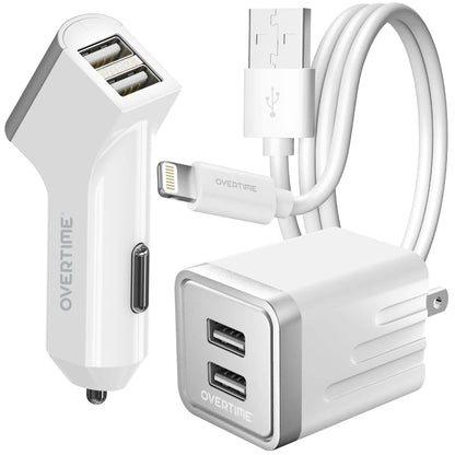 Overtime Home and Car Complete Charging Kit: Fast Wall &amp; Car Chargers + Durable Lightning Cable