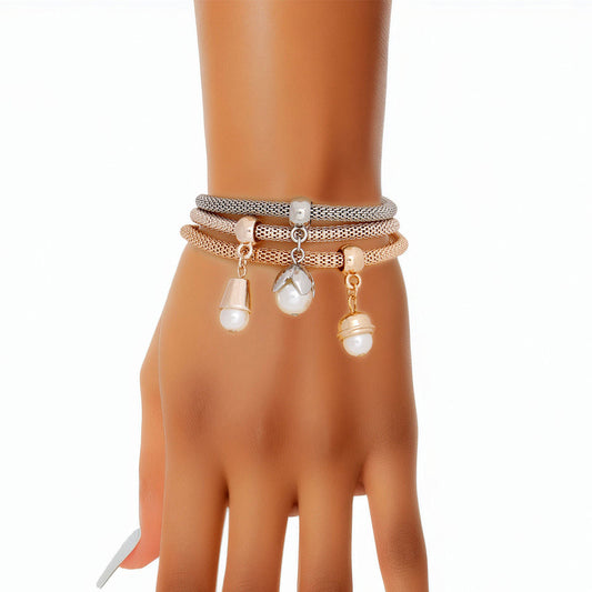 Mixed Metal Mesh Pearl Charm Bracelet Stylish Women’s Jewelry Set