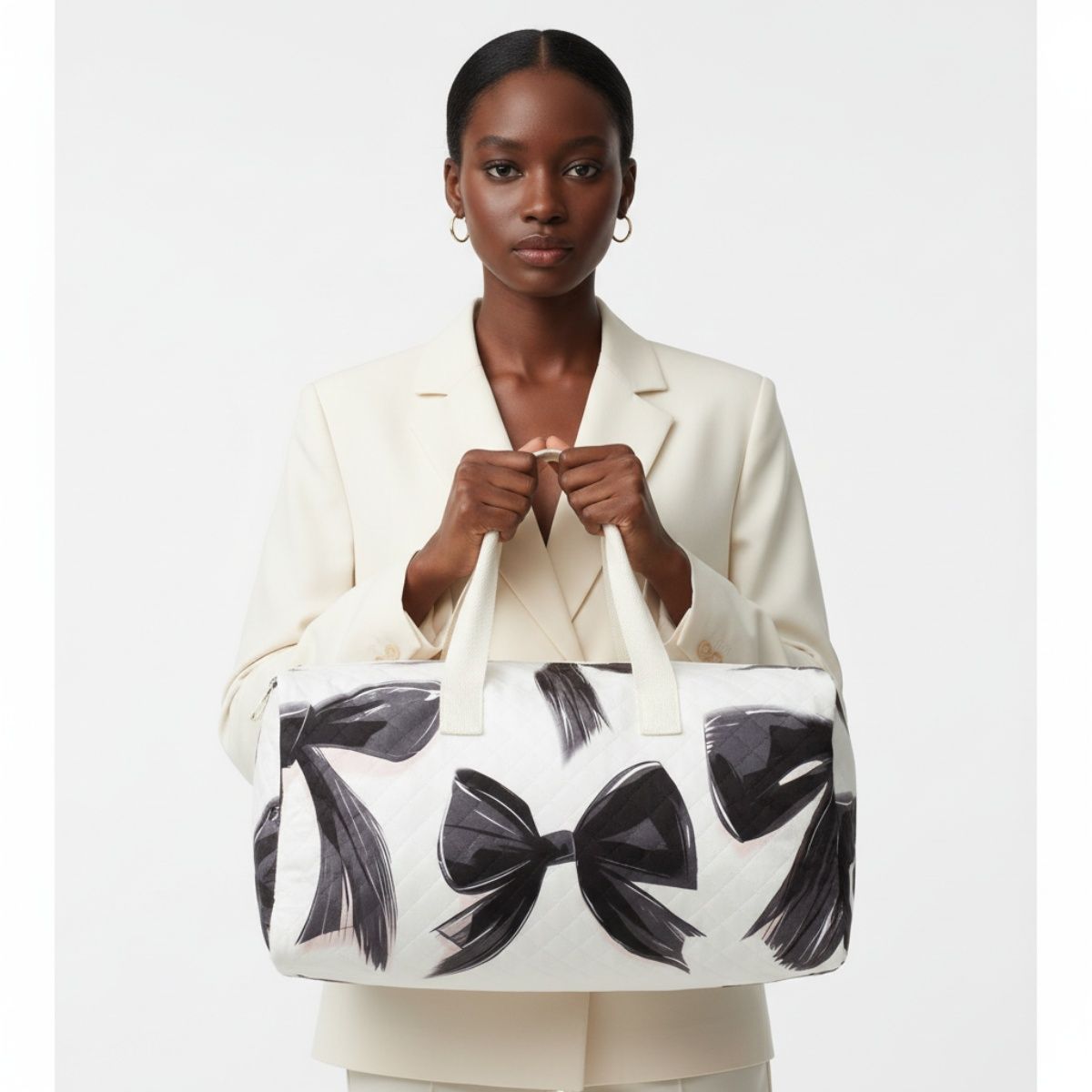 Fashion Travel Duffel Bag Cream Quilted with Black Bow, Stylish and Chic