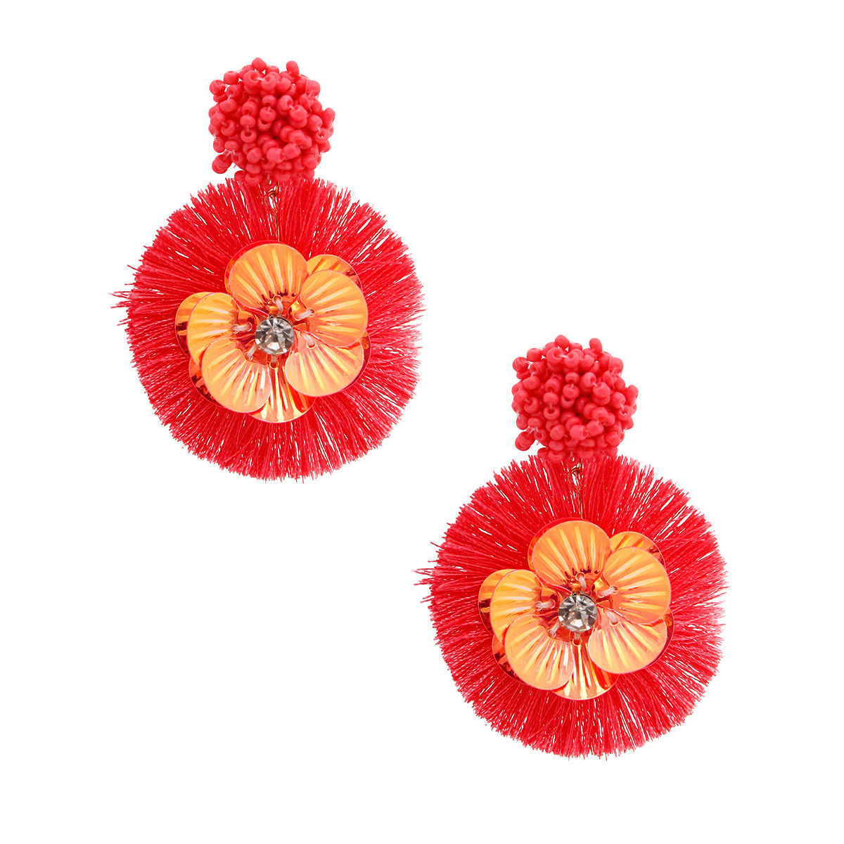 Statement Coral Sequin Flower Tassel Earrings Stylish Chic Jewelry
