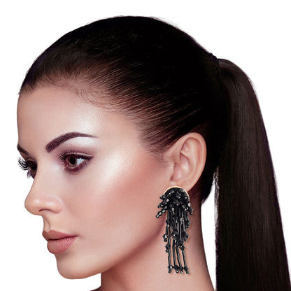 Cluster Stud Earrings Black Glass Beads Stylish Chic Jewelry