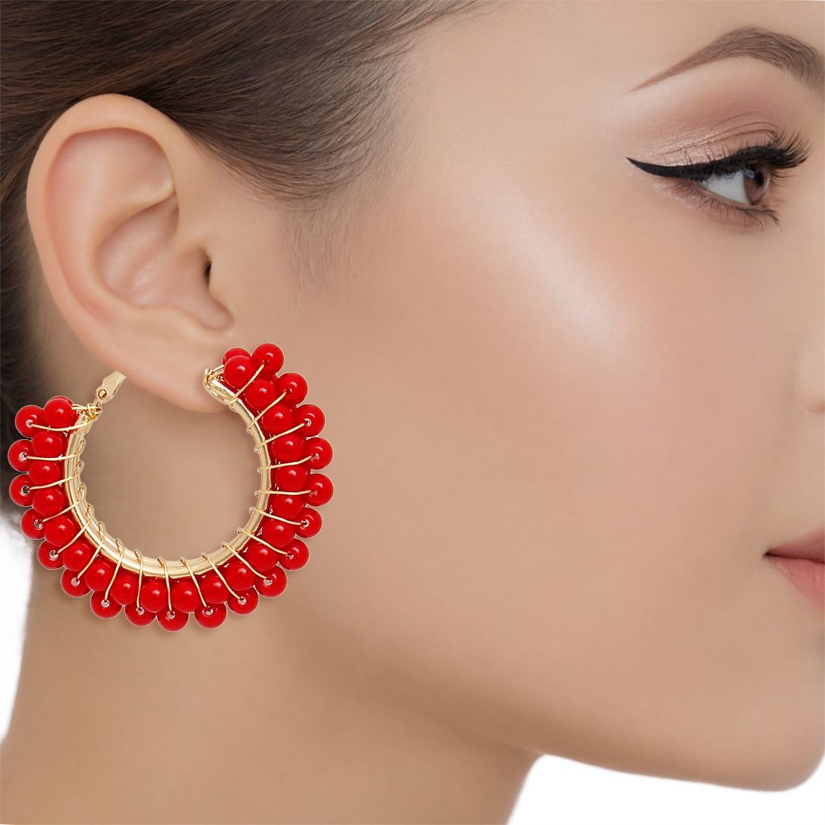 Women’s Hoop Earrings Red Bead Gold Wire Wrapped Stylish Statement Jewelry