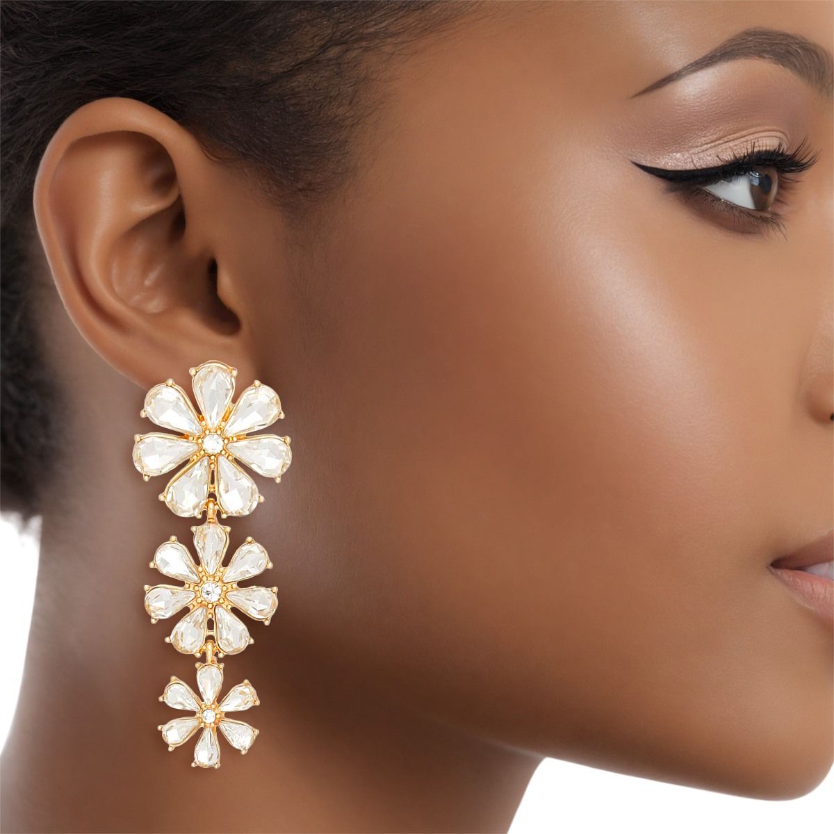 Women’s Gold Dangle Crystal Petal Flower Earrings Stylish Chic Jewelry