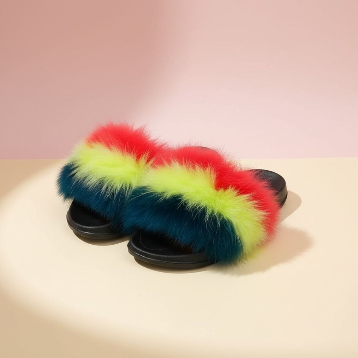 XLarge Fox Fur Slippers in Coral to Green – Trendy Lounge Footwear