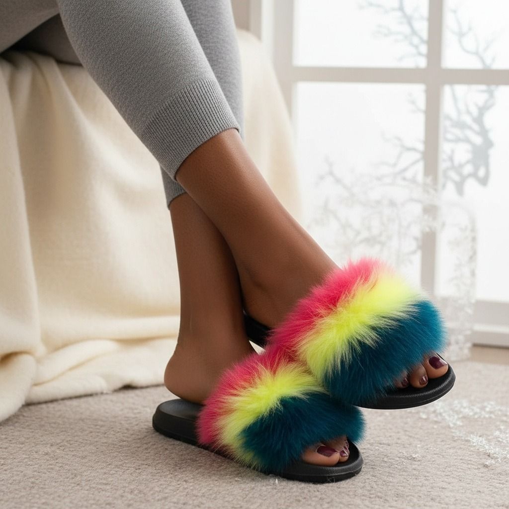XLarge Fox Fur Slippers in Coral to Green – Trendy Lounge Footwear