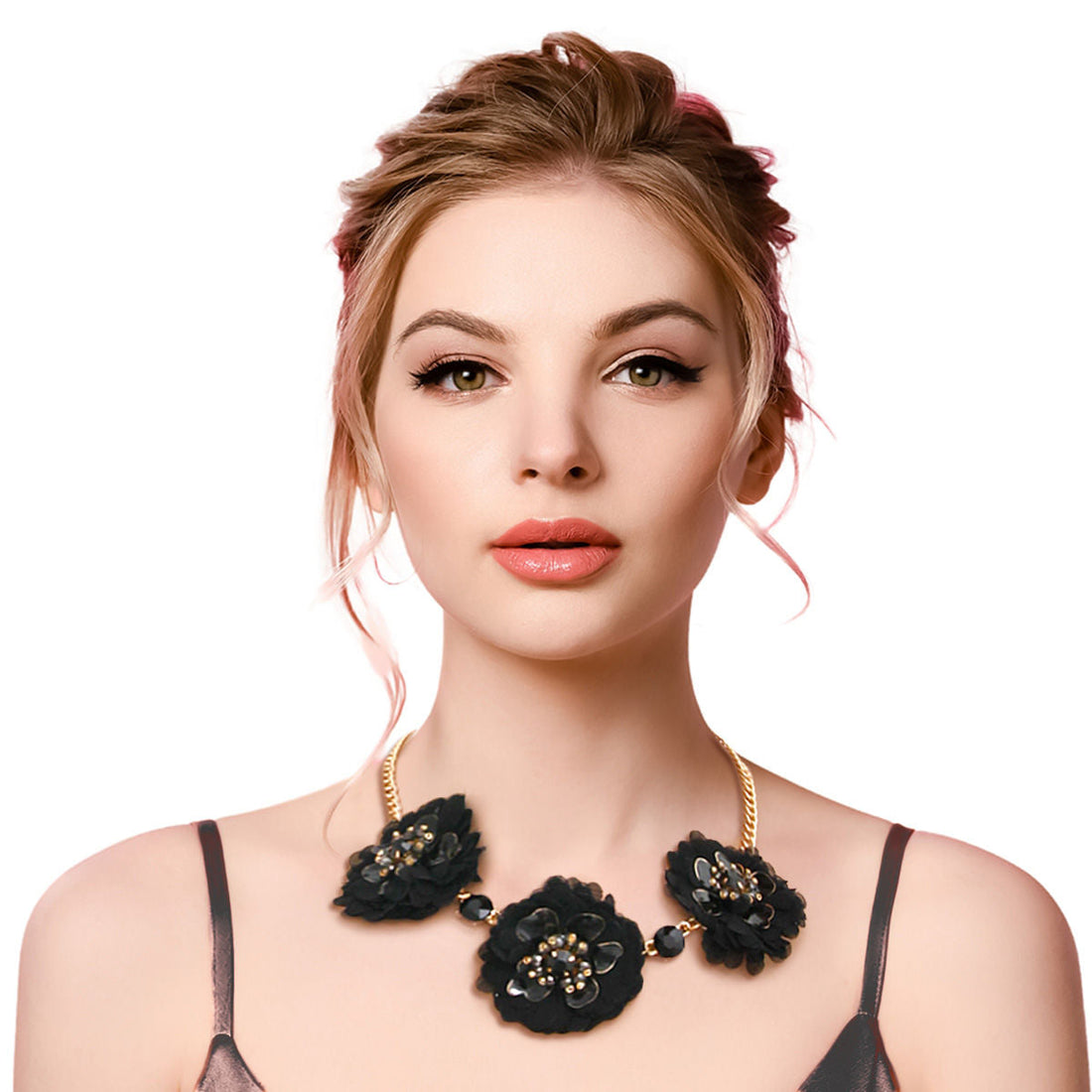 Statement Black Fabric Flower Necklace Set Stylish Chic Jewelry Accessory