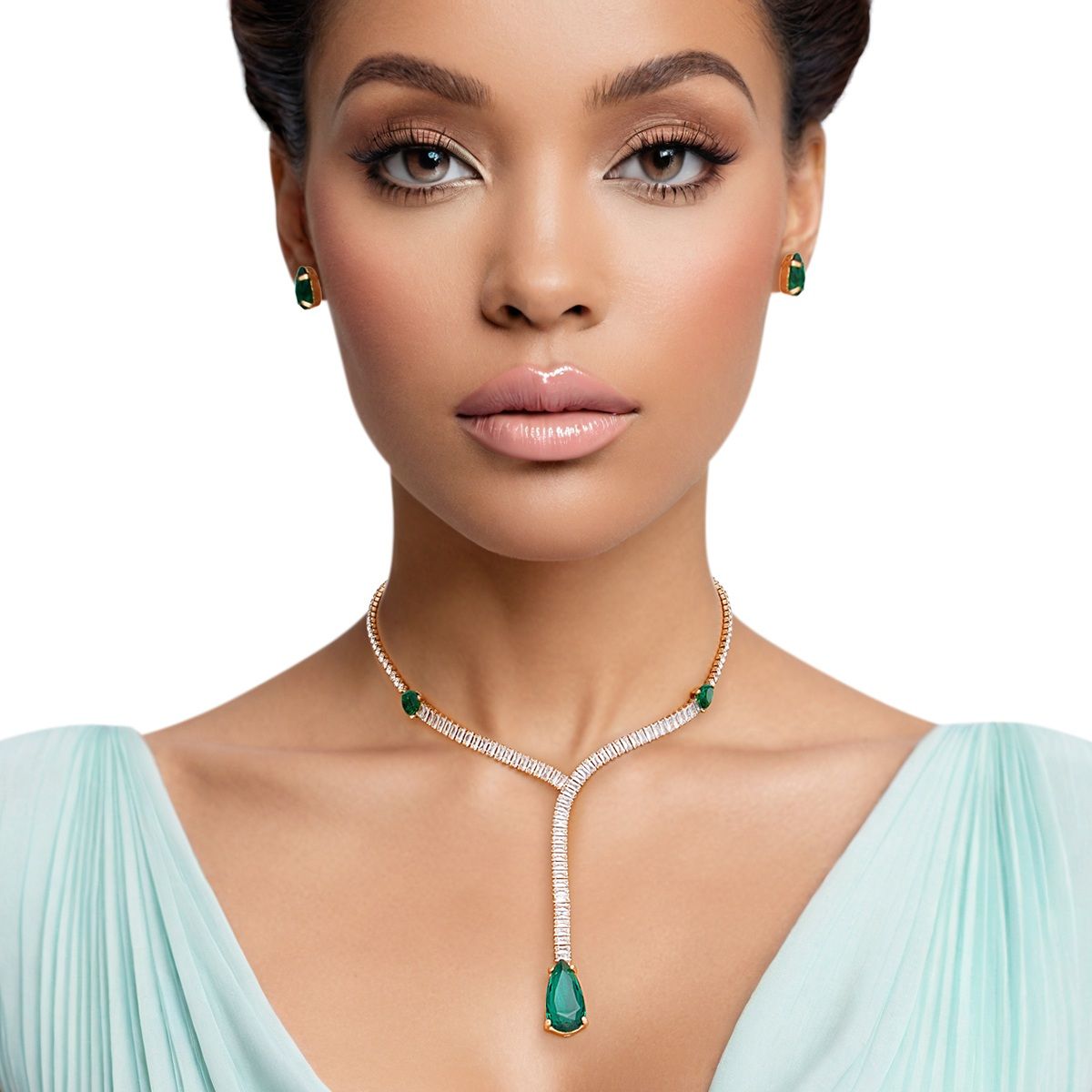 Statement Necklace Green Teardrop Crystal Y-Shape Elegant Formal Jewelry
