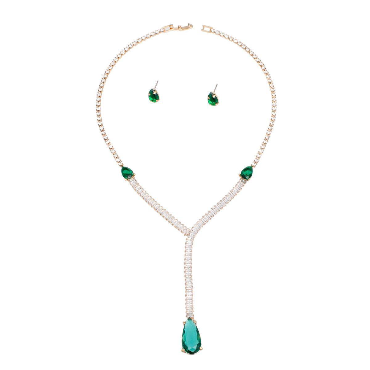 Statement Necklace Green Teardrop Crystal Y-Shape Elegant Formal Jewelry