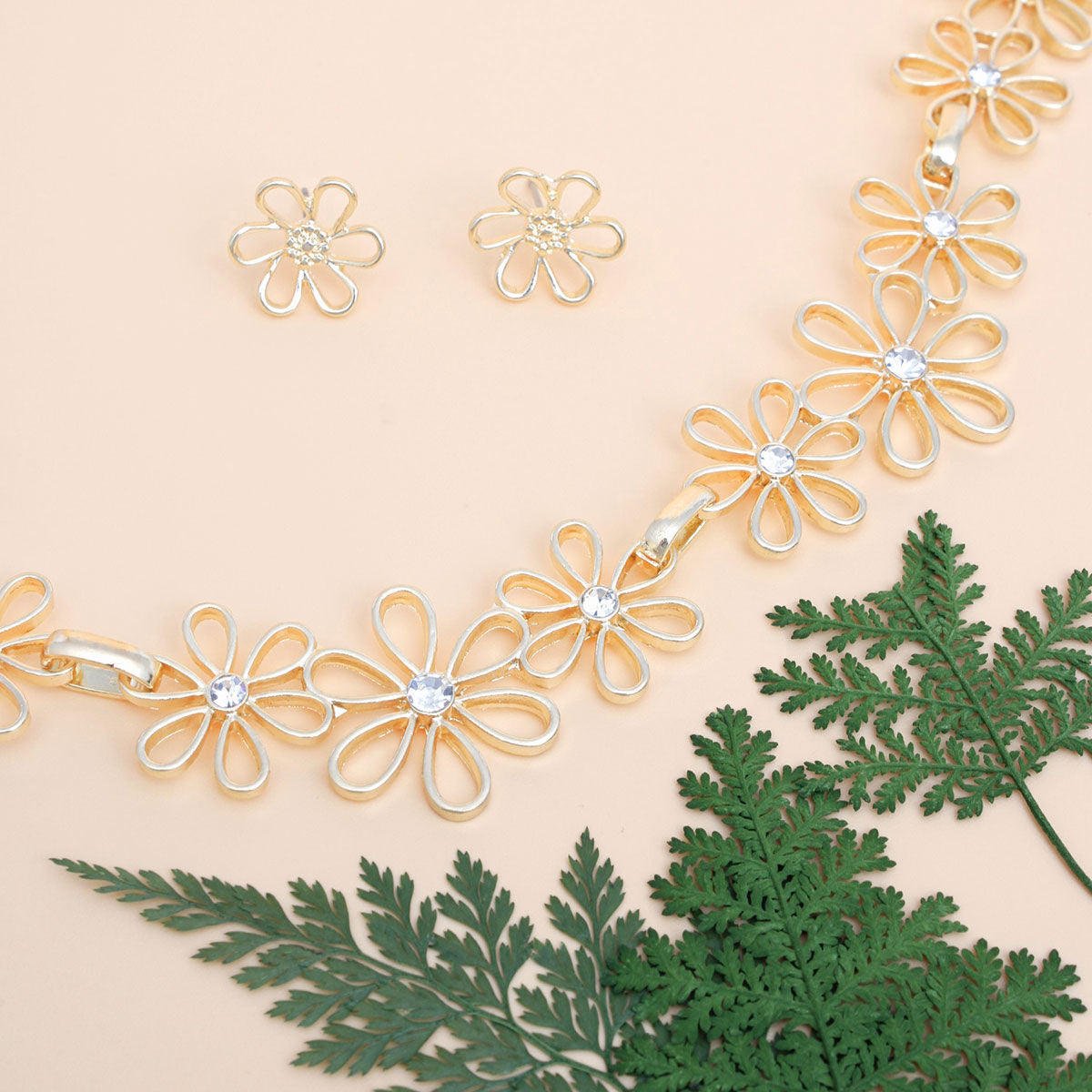 Chain Necklace Set with Flower Link Detail, Gold, Stylish Women&