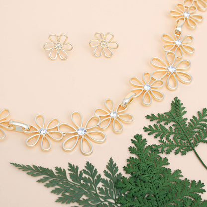 Chain Necklace Set with Flower Link Detail, Gold, Stylish Women&