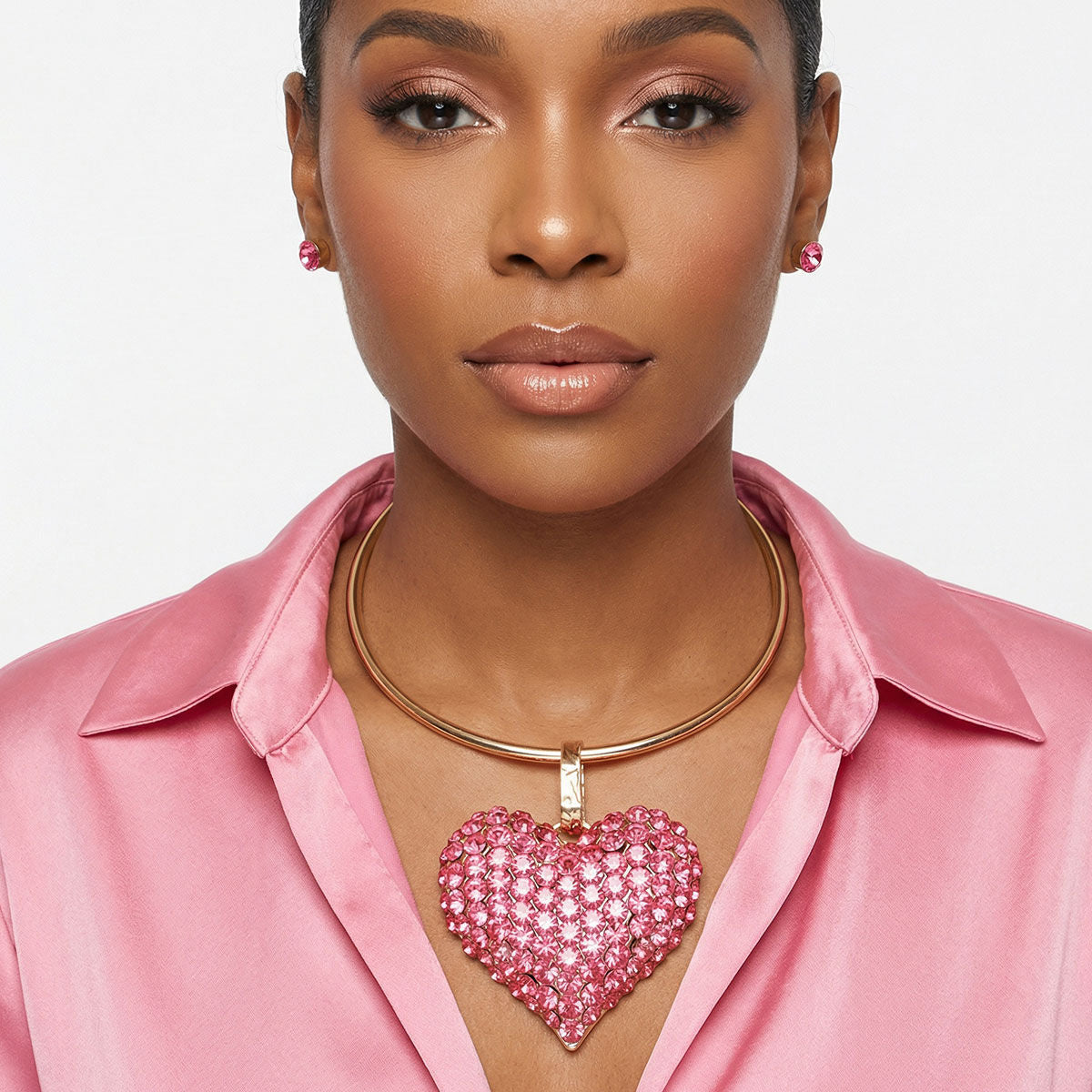 Chunky Statement Necklace with Domed Fuchsia Stone Heart Pendant Stylish Jewelry Accessory