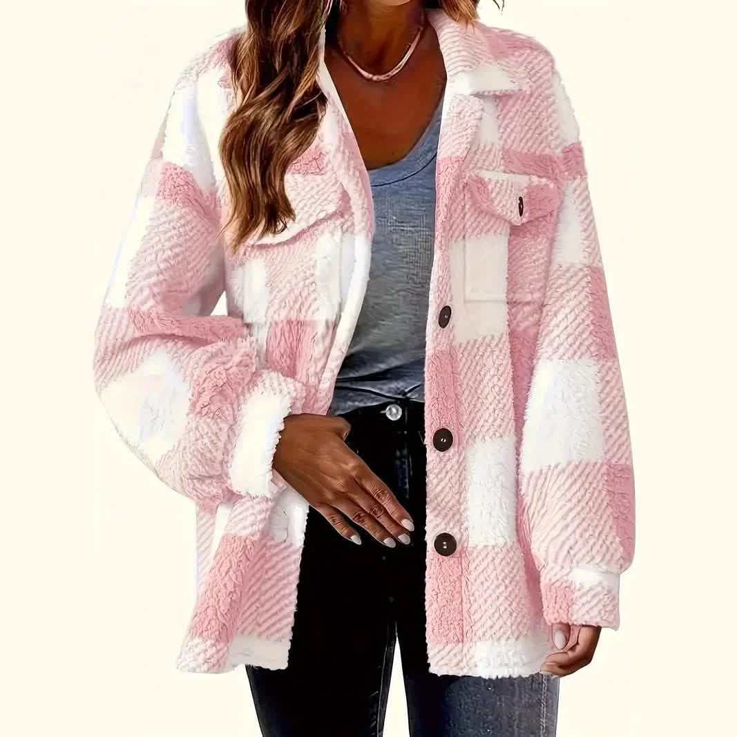 Plaid Pattern Button Front Jacket, Elegant Long Sleeve Warm Outerwear For Fall &amp; Winter