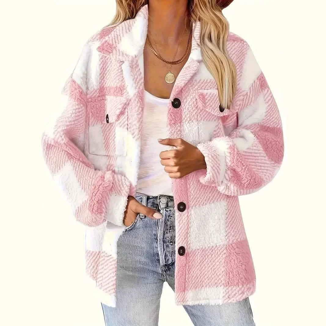 Plaid Pattern Button Front Jacket, Elegant Long Sleeve Warm Outerwear For Fall &amp; Winter