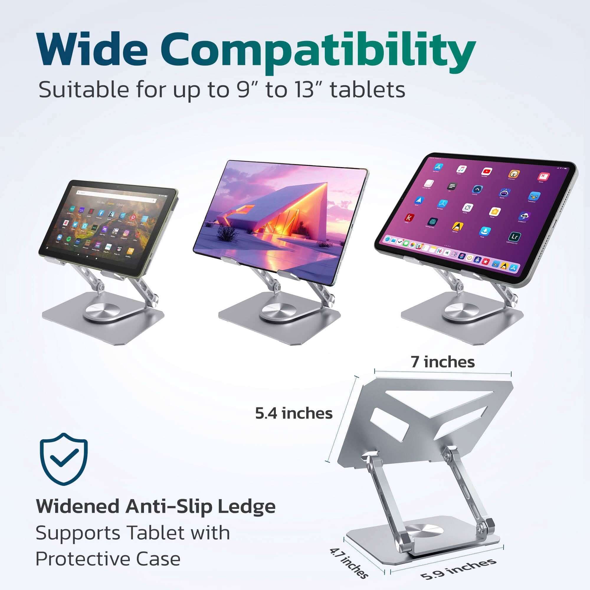 Purely SW60 Swivel Tablet Stand, Aluminum iPad Stand with 360Â° Rotating Base, Adjustable &amp; Foldable Tablet Holder