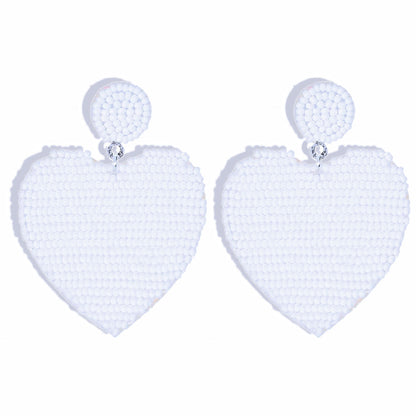 Seed Bead Heart Earrings White Stylish Statement Jewelry