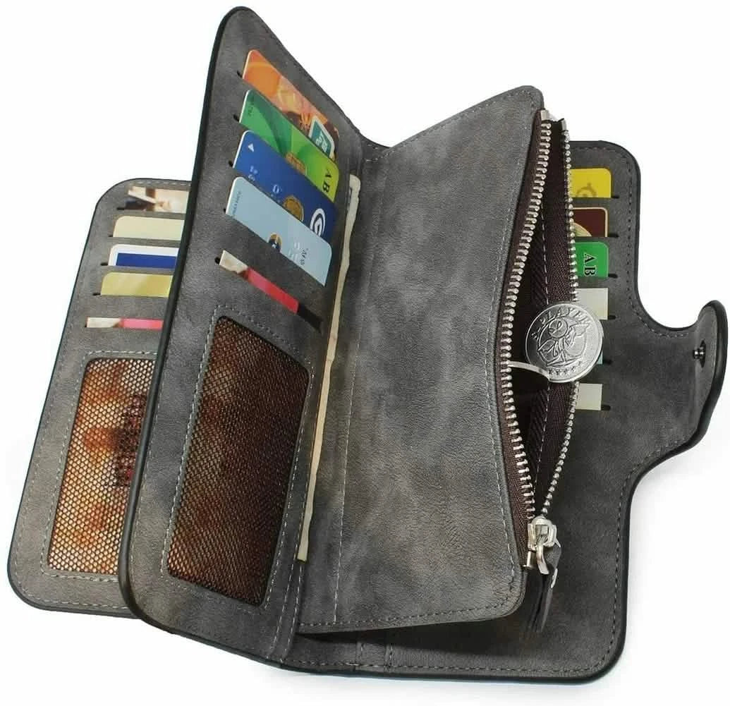 Vintage Faux Leather Long Wallet – Trifold Credit Card Holder with Snap &amp; Zipper