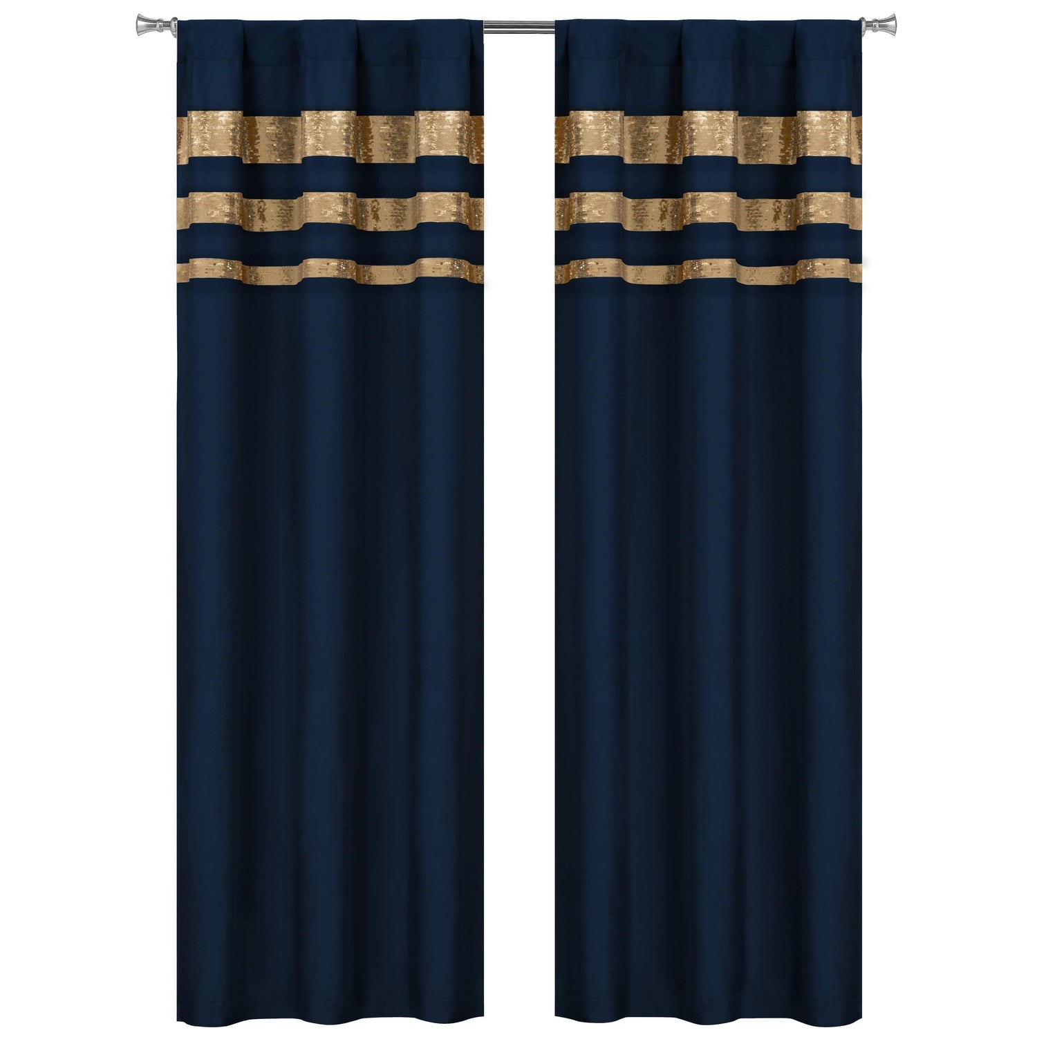 Set of 2: Velvet Metallic Stripe Border Blackout Window Curtain Pair Panel
