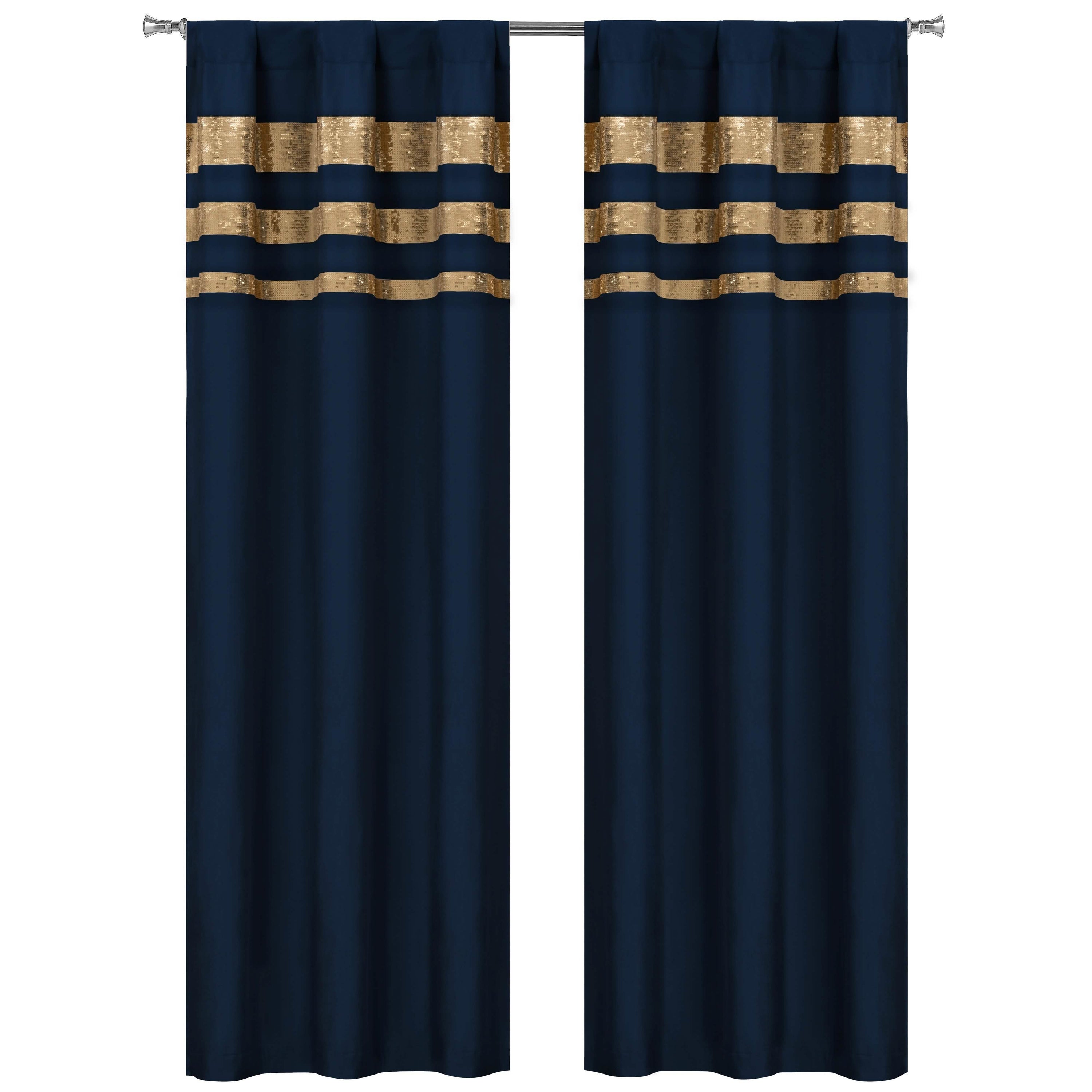 Set of 2: Velvet Metallic Stripe Border Blackout Window Curtain Pair Panel