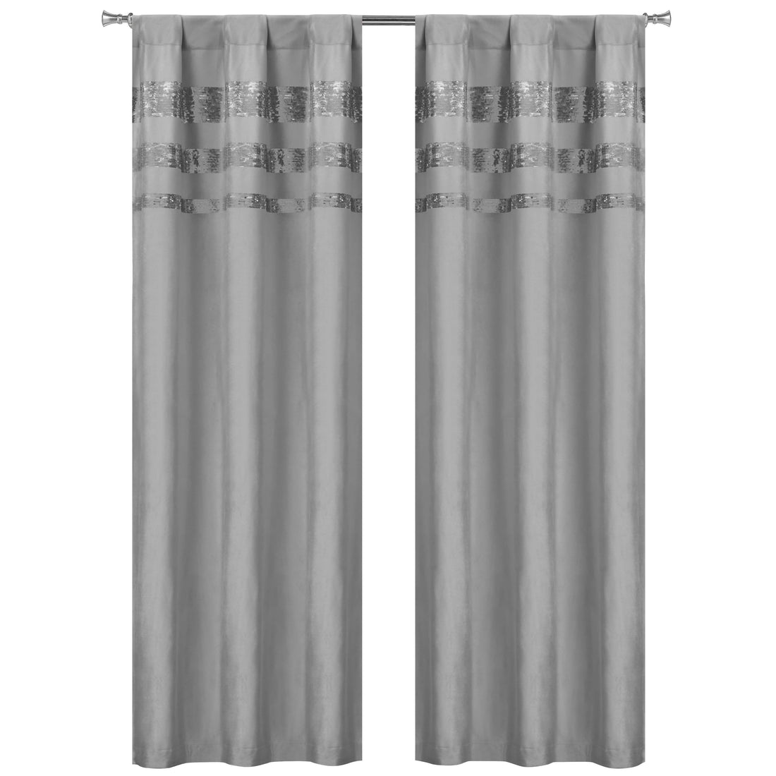 Set of 2: Velvet Metallic Stripe Border Blackout Window Curtain Pair Panel