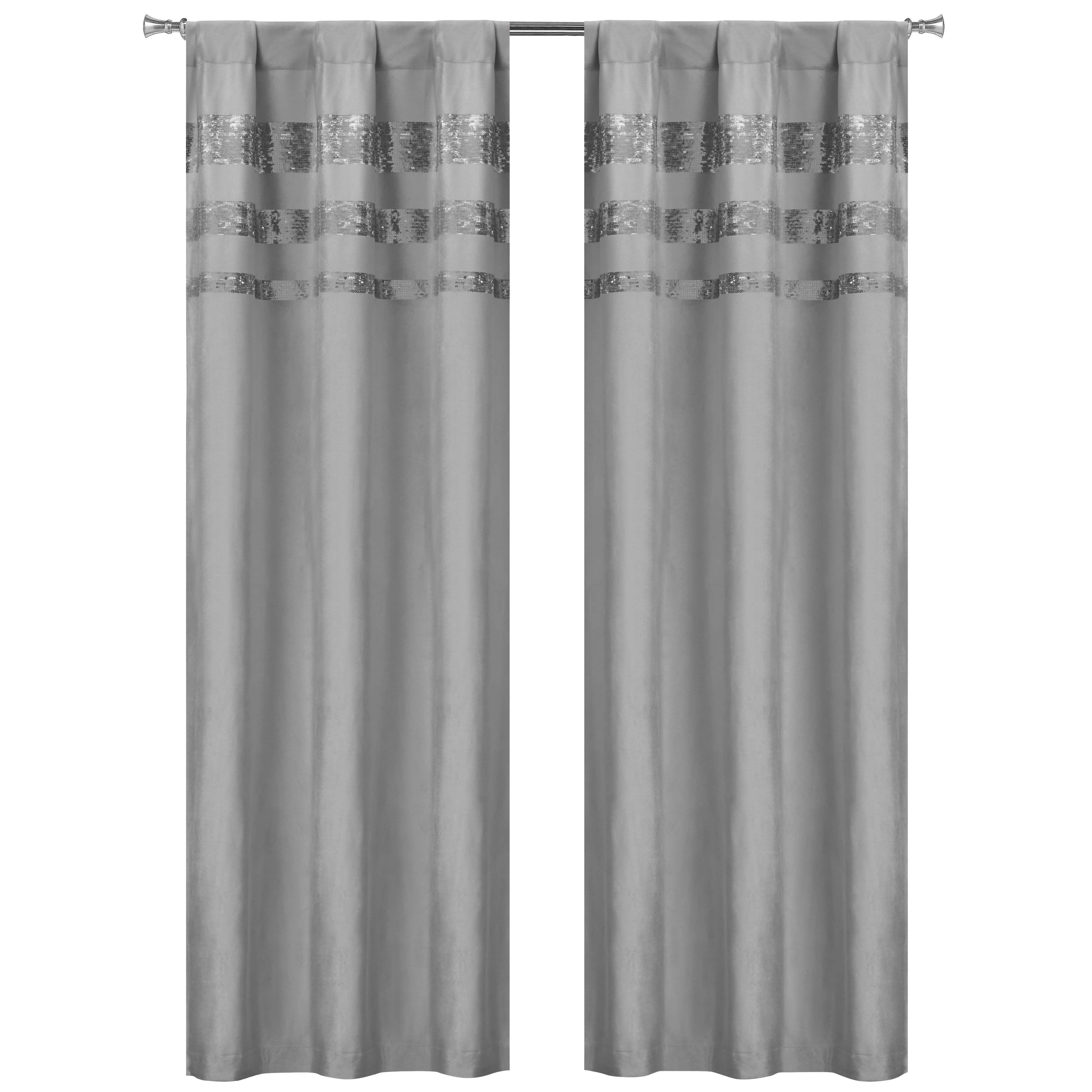 Set of 2: Velvet Metallic Stripe Border Blackout Window Curtain Pair Panel