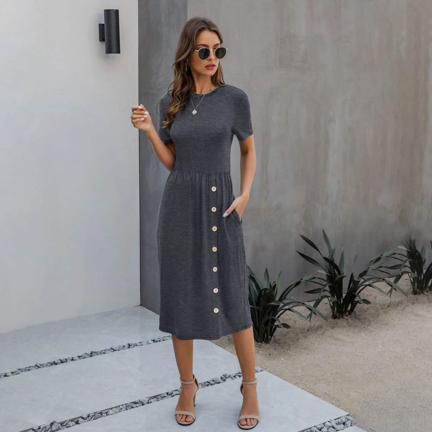 Slant Pocket Button Detail Dress