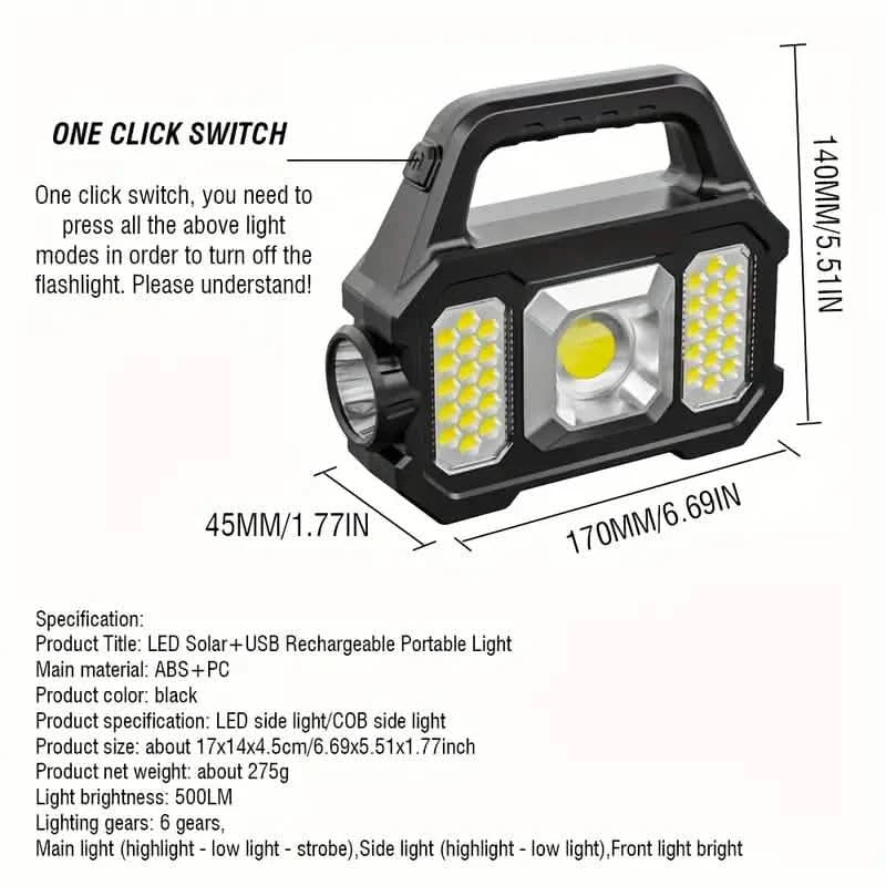 Solar Portable Flashlight &amp; Handheld Searchlight with Side Lights