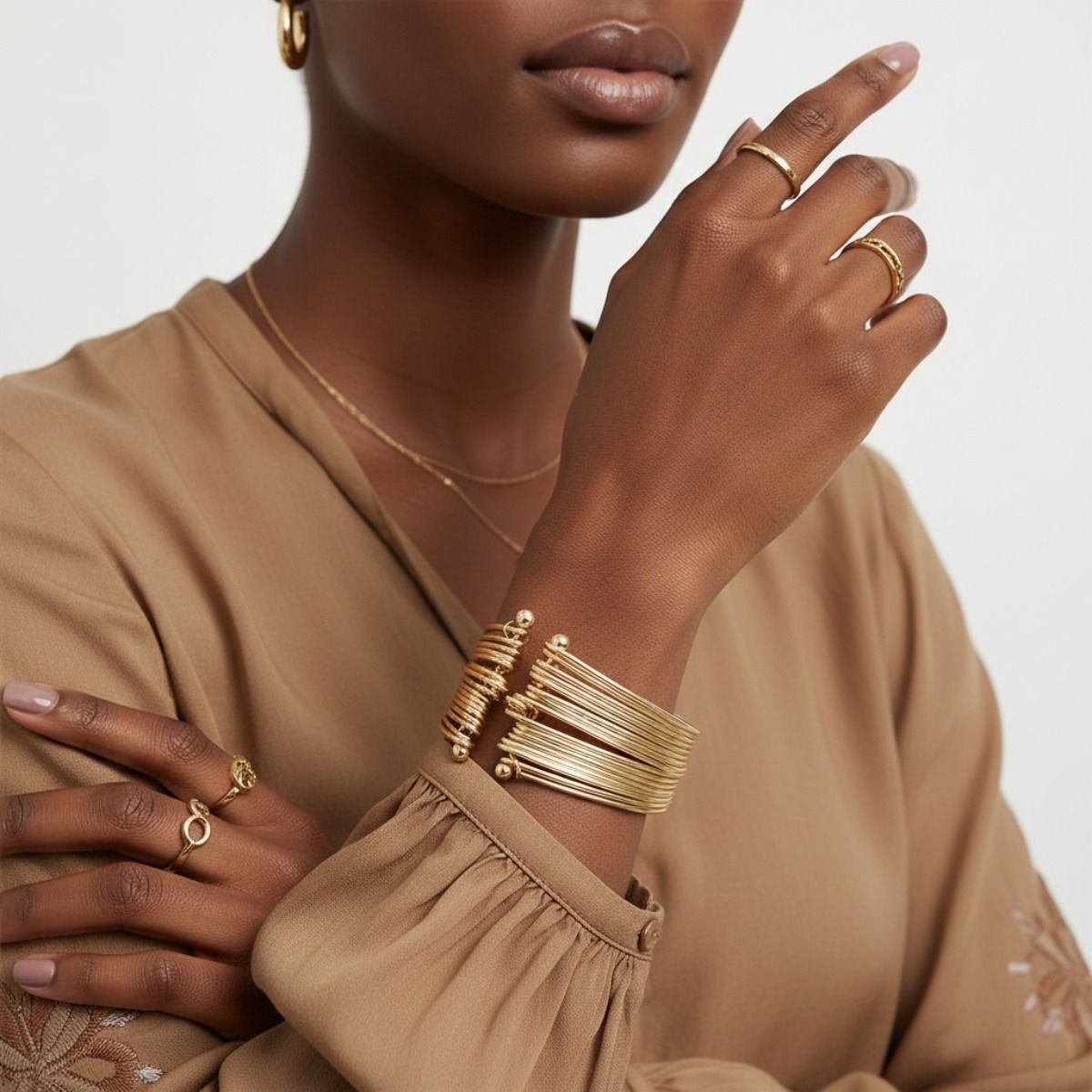 Stacked 19 Row Gold Cuff Bangle Bracelet Women’s Stylish Statement Jewelry