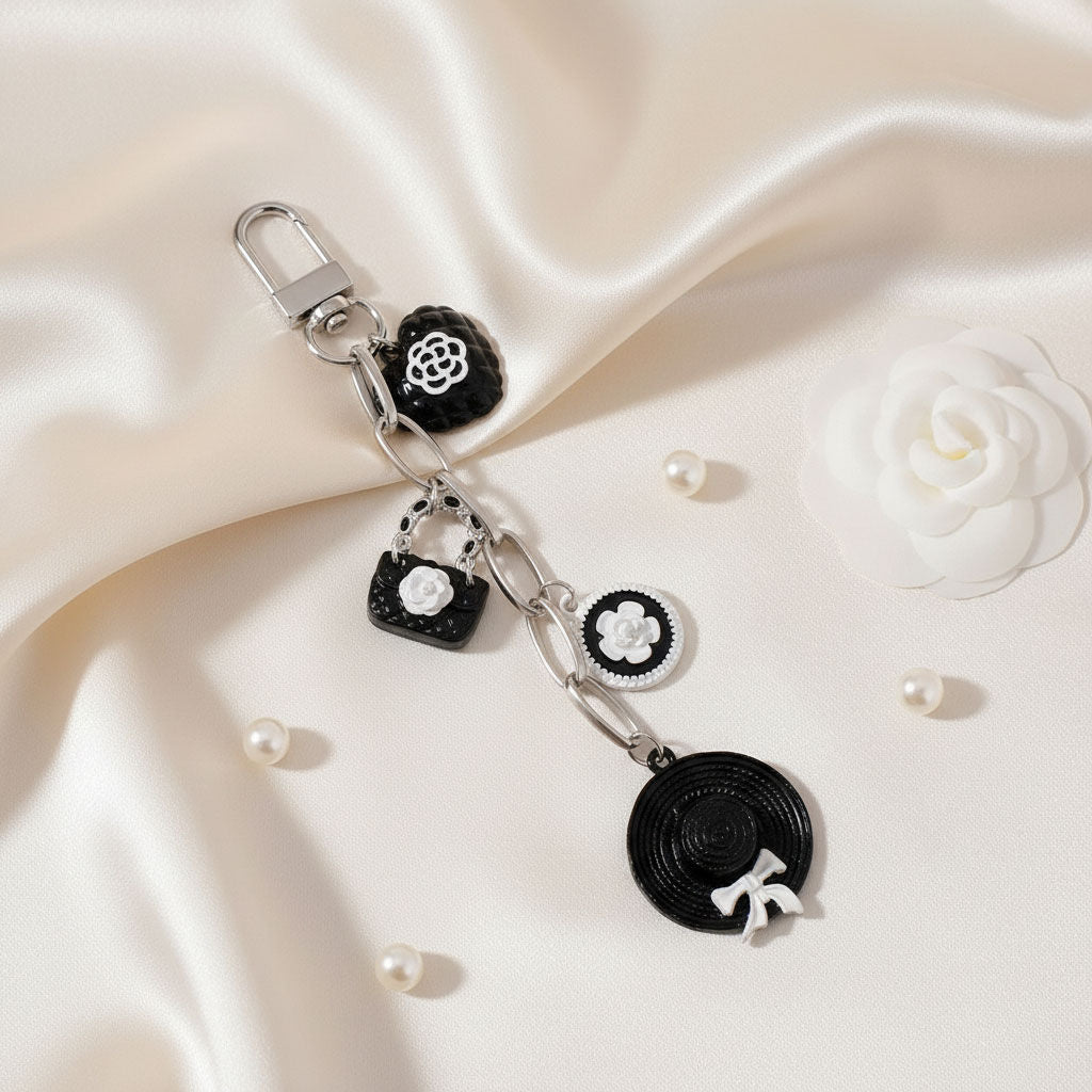 Fashion Keychain Bag Clip with Black and White Camellia Charms, Stylish Accessory