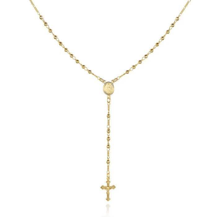 Unisex 14K Gold Virgin Mary Rosary Bead Cross Necklace 18&