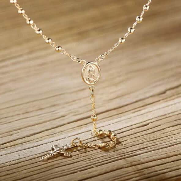 Unisex 14K Gold Virgin Mary Rosary Bead Cross Necklace 18&