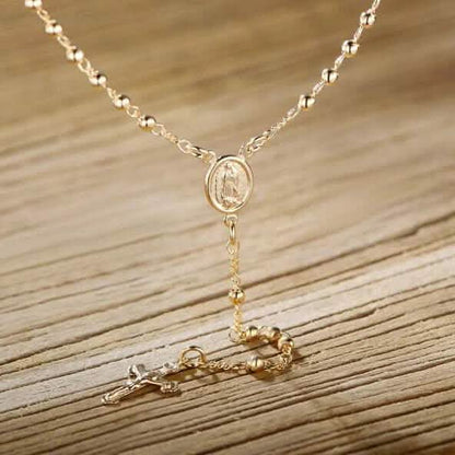 Unisex 14K Gold Virgin Mary Rosary Bead Cross Necklace 18&
