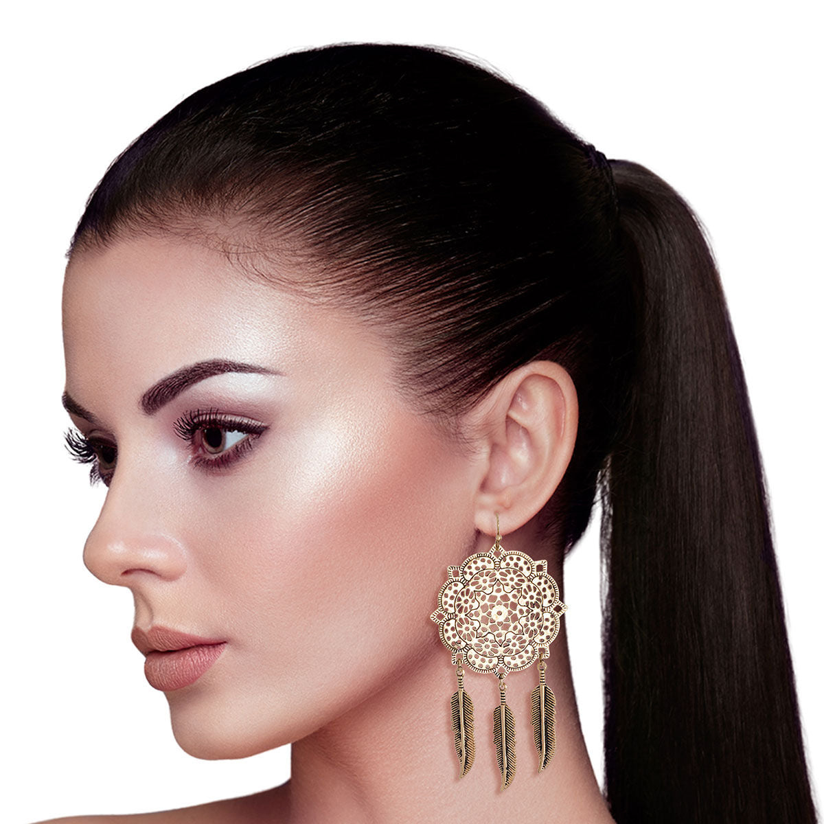 Filigree Feather Earrings Burnished Gold Stylish Statement Jewelry