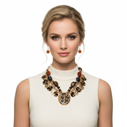 Statement Leopard Gold Disc Pendant Necklace Stylish Artisan Jewelry