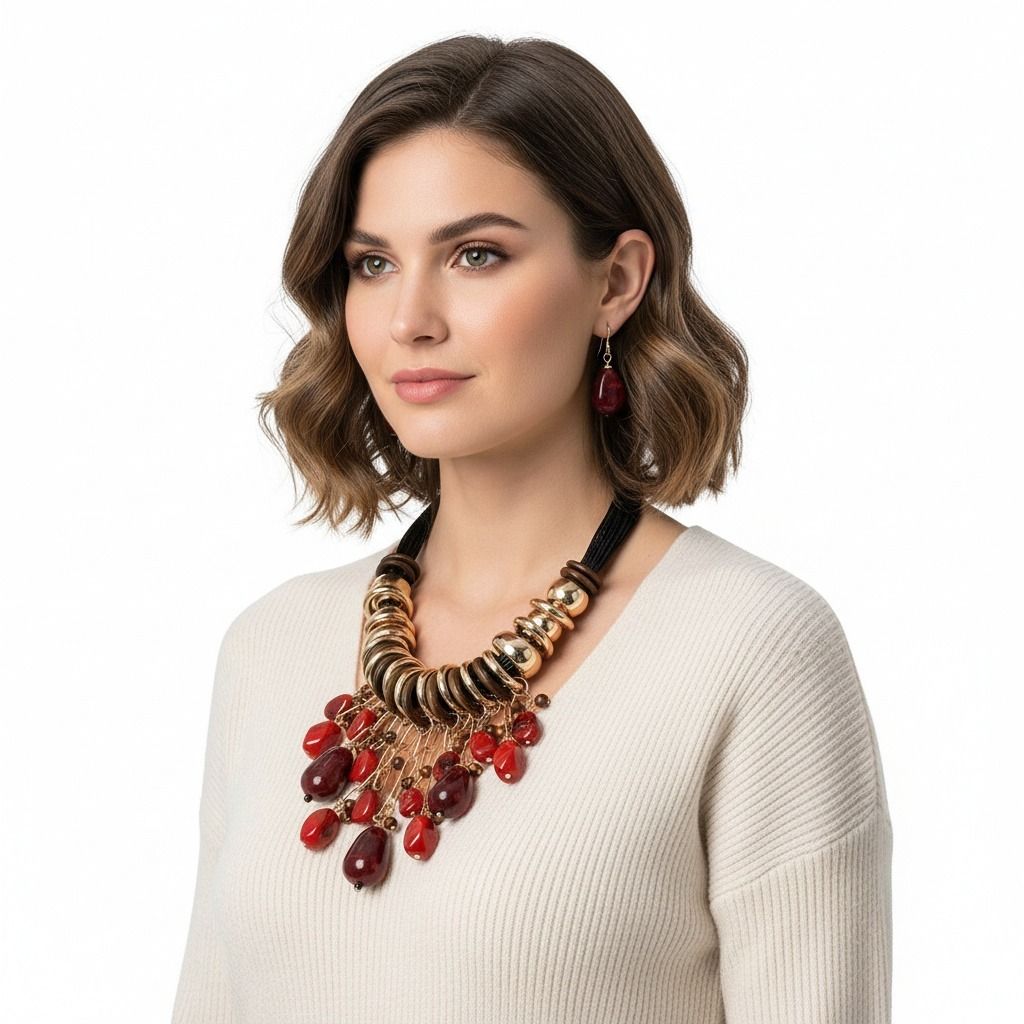 Leather Statement Necklace with Beaded Red Stone Global Artisan Design