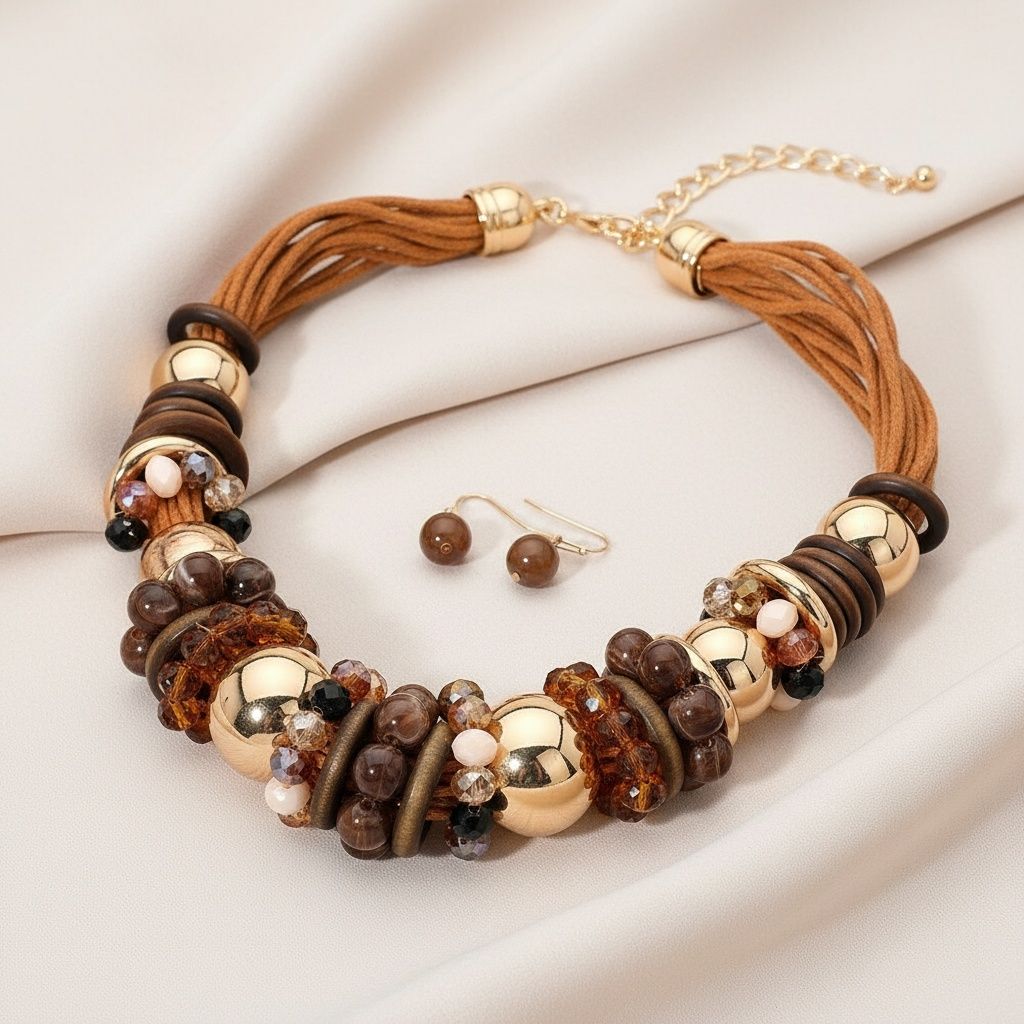 Leather Wood Necklace Brown Earthy Artisan Stylish Statement Collar