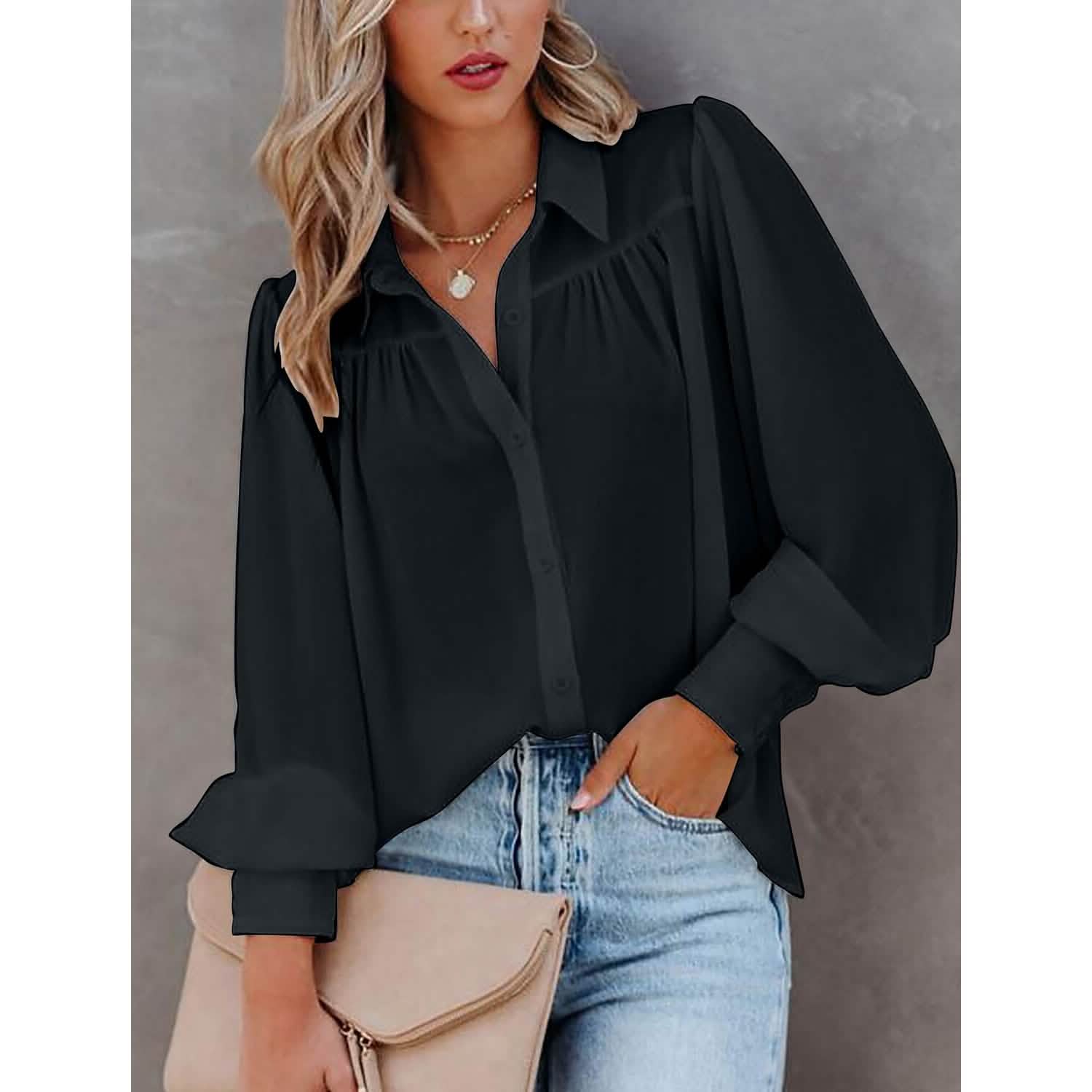 Womens Blouse Shirt Plain Button Long Sleeve