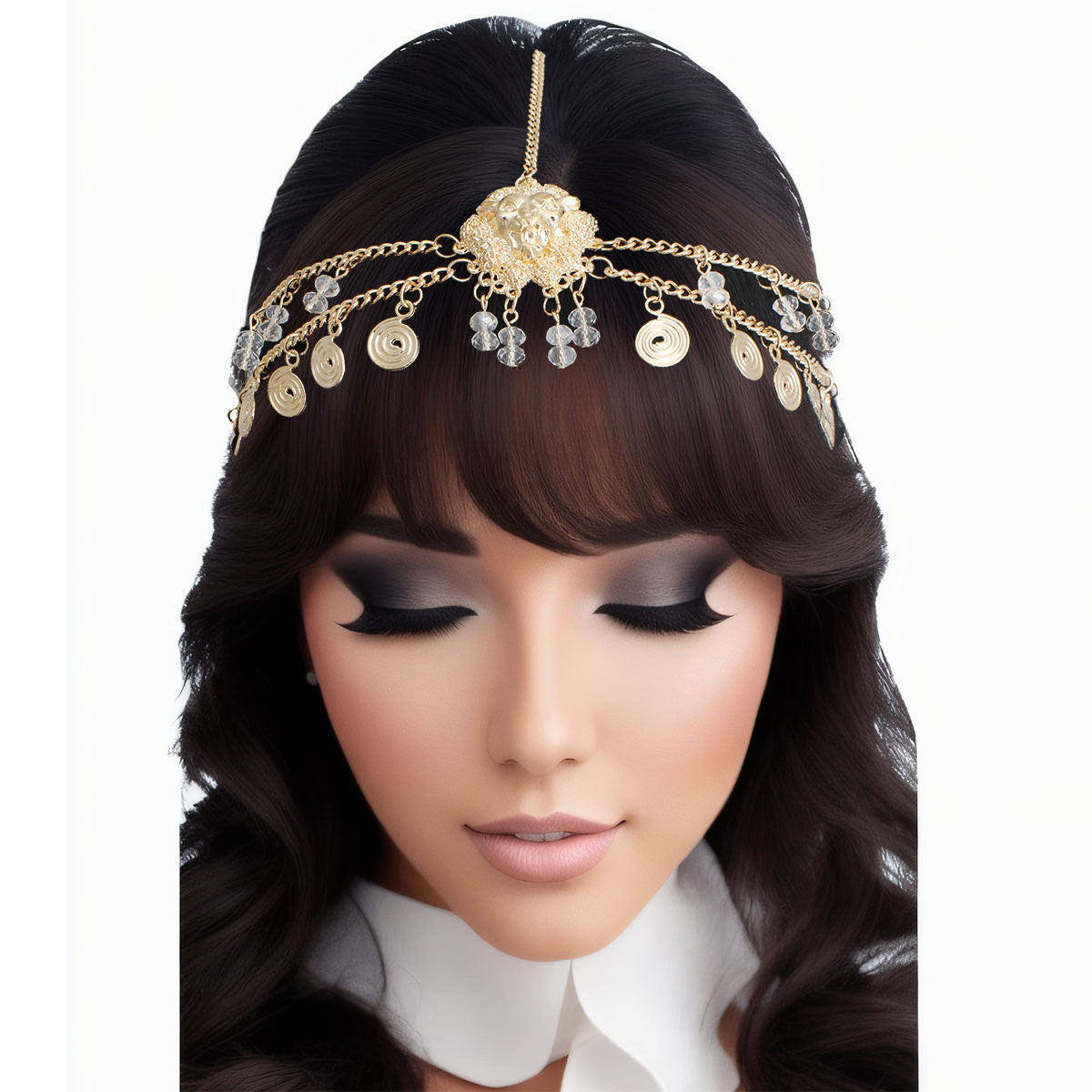 Statement Head Chain with Gold Lion and Beaded Detail