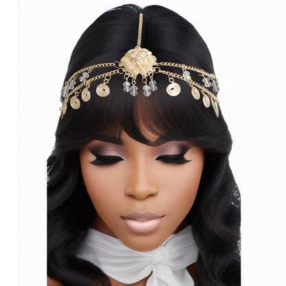 Statement Head Chain with Gold Lion and Beaded Detail