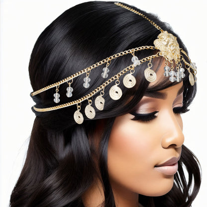 Statement Head Chain with Gold Lion and Beaded Detail